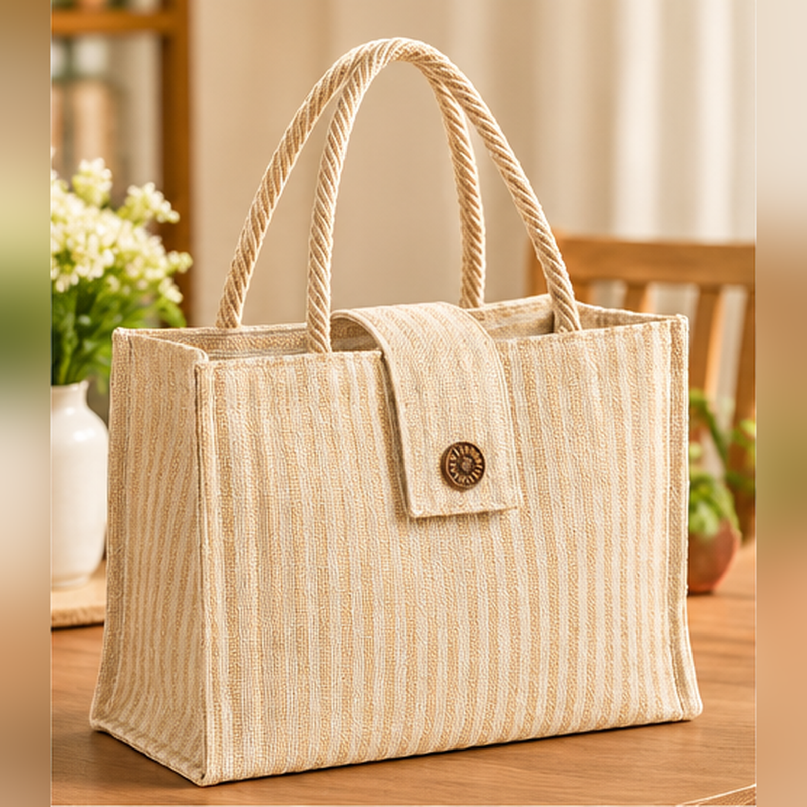Natural Striped Jute Tote Bag with Rope Handles