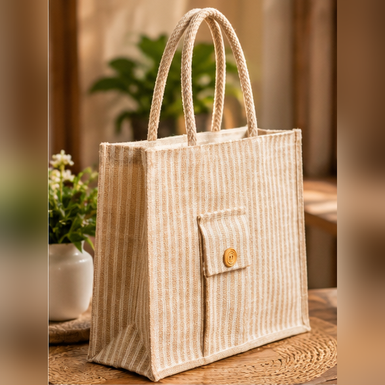 Natural Striped Jute Tote Bag | Eco-Friendly Handbag