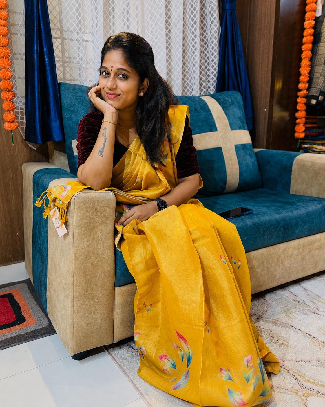 Buy Vibrant Yellow Hand-Painted Silk Saree Online