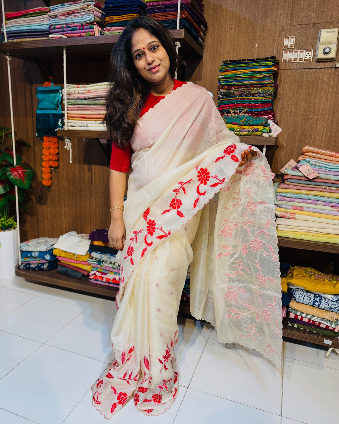 Ivory Hand Embroidered Floral Saree | Traditional Ethnic Wear