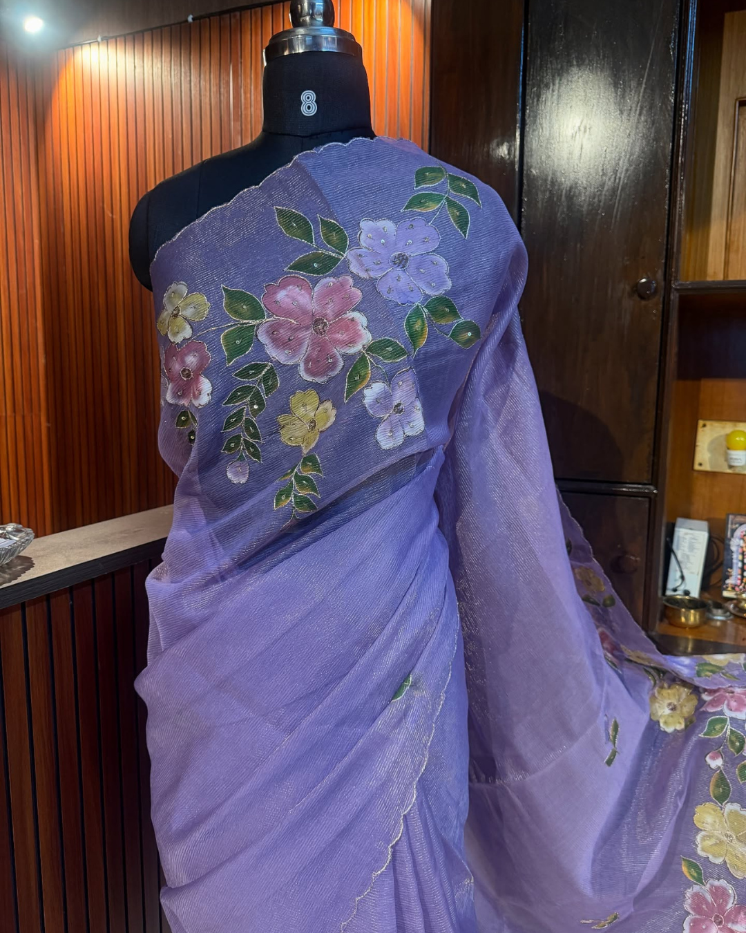 Hand Painted Lavender Floral Organza Saree | Festive Wear