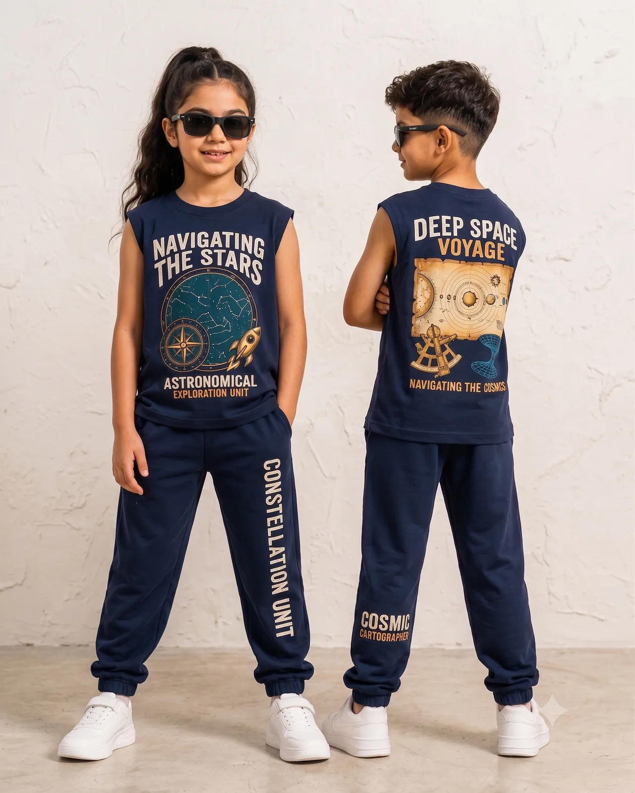 Navigating the Stars Kids Sleeveless T-Shirt & Track Pants Set — Dowhile Clothing