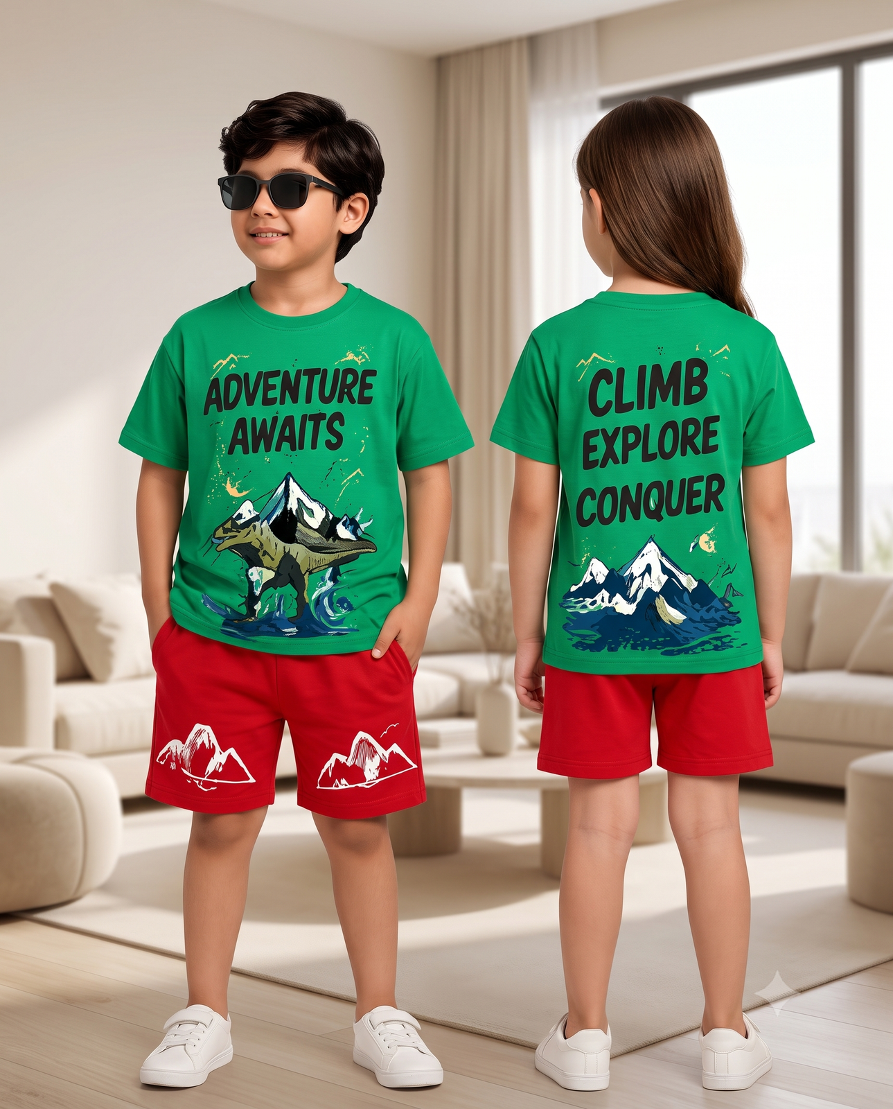 Kids Adventure Awaits Green T-Shirt & Red Shorts Co-Ord Set