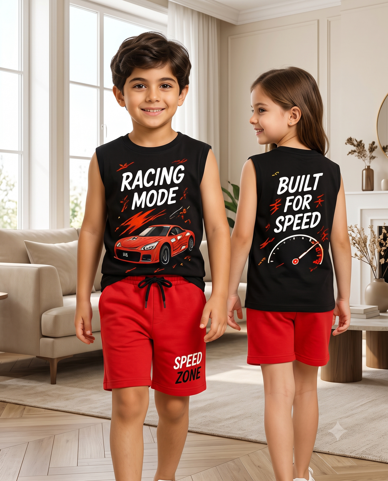 Kids Racing Mode Sleeveless Top and Shorts Set