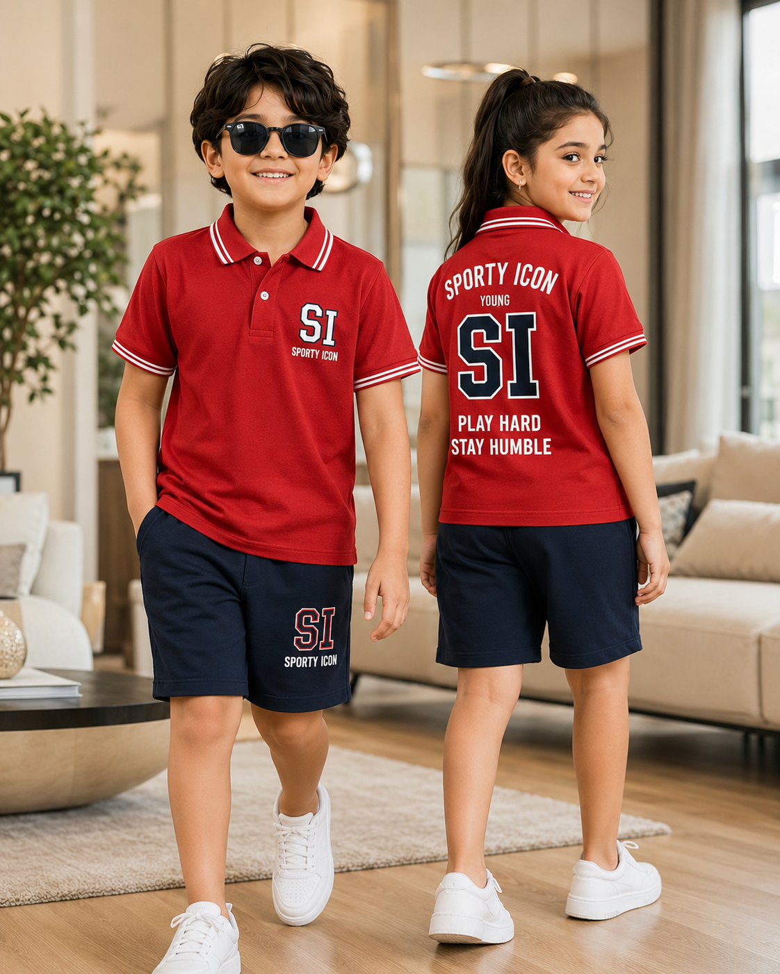 Kids Sporty Icon Polo Set - Red & Navy Activewear