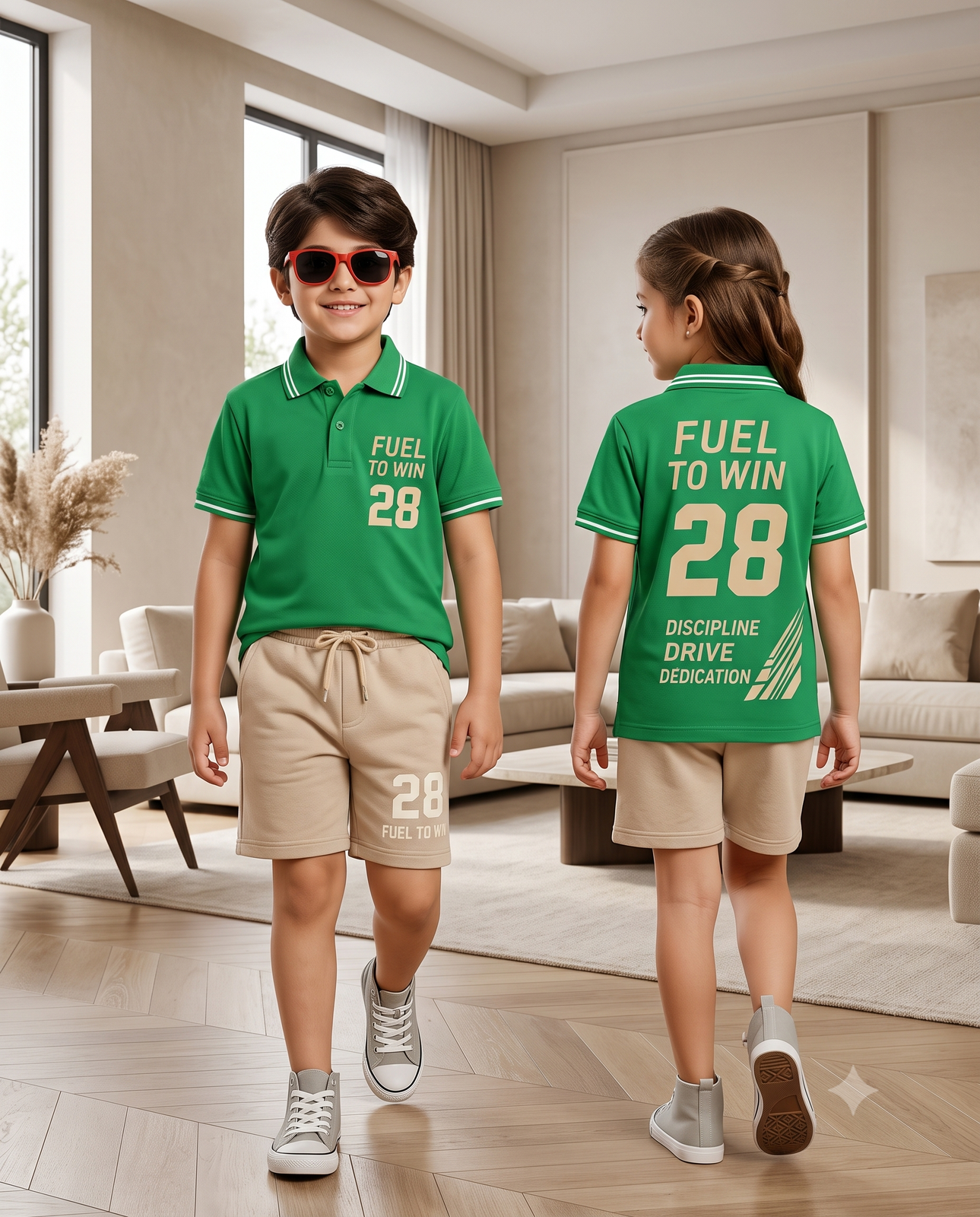 Kids Green Polo and Shorts Set with Fuel To Win Print