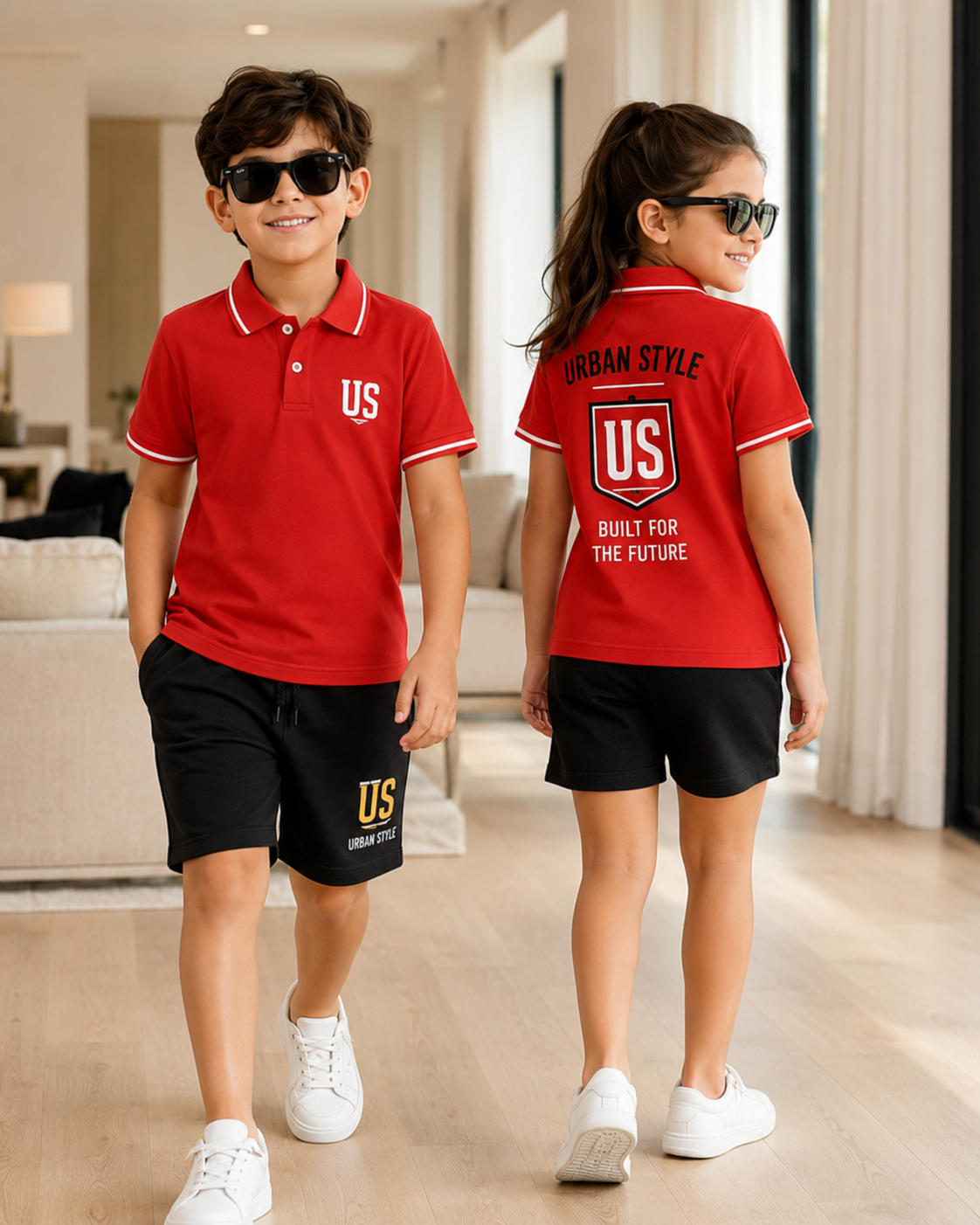 Kids Urban Style Red Polo Shirt and Black Shorts Set