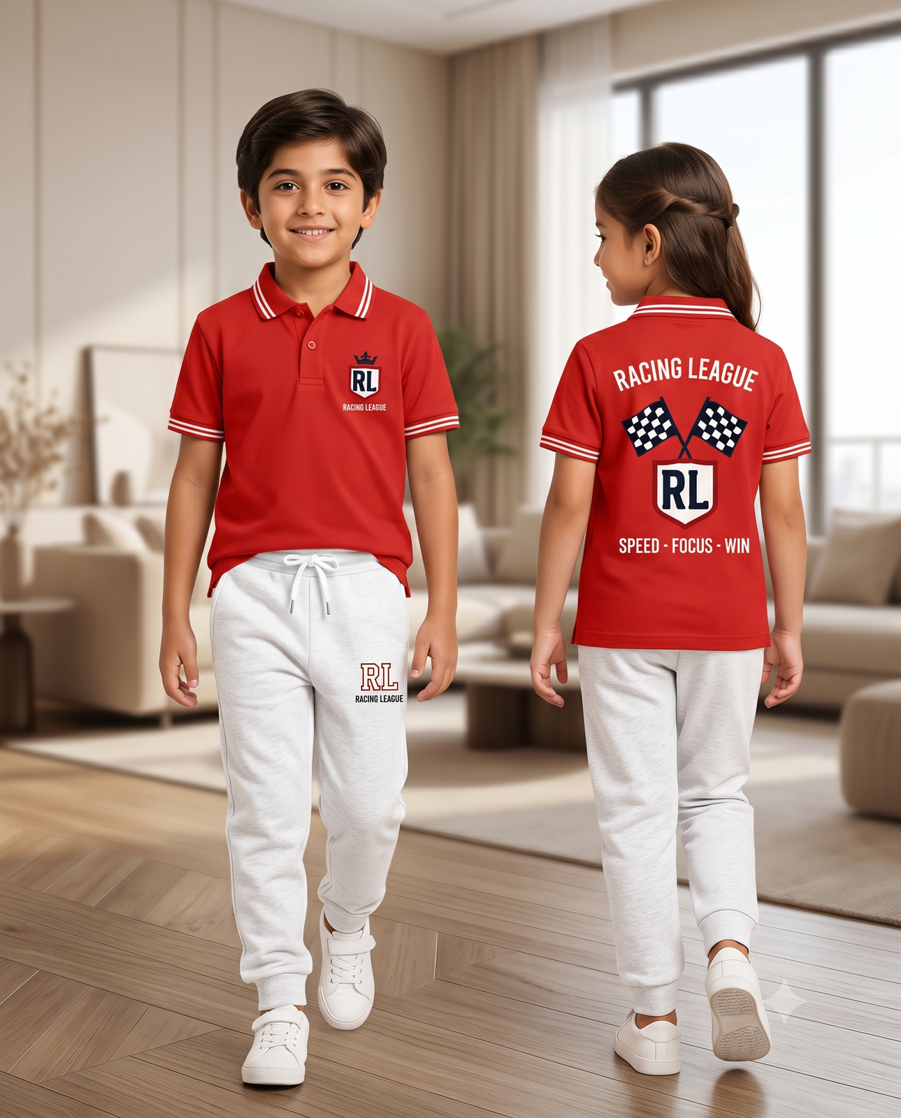 Kids Red Polo and White Jogger Set | Racing League