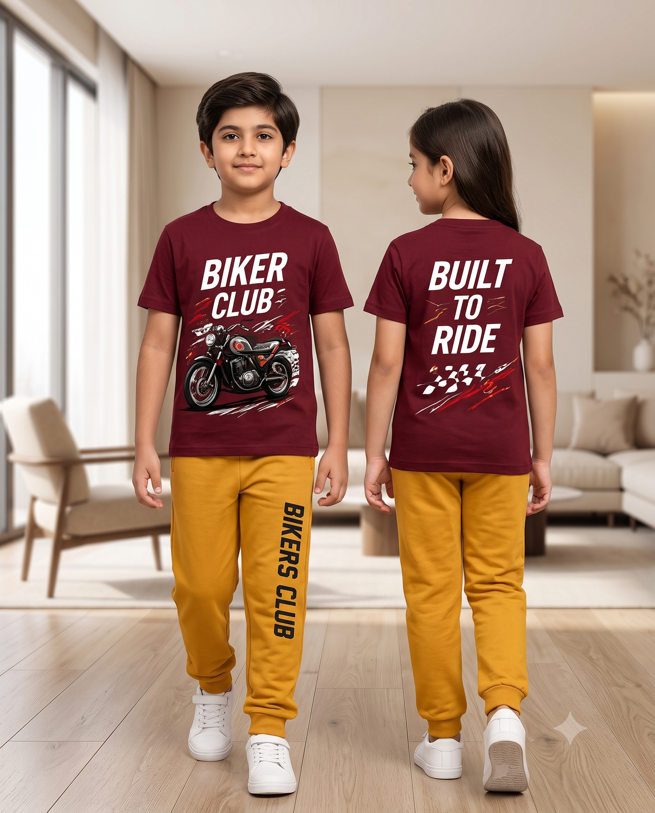 Kids Biker Club Graphic Track Set | Maroon & Mustard