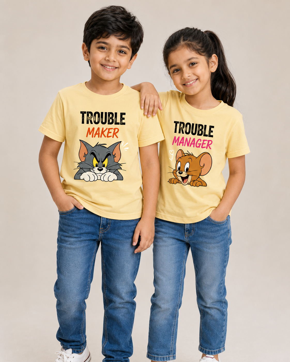 Tom and Jerry Sibling Matching Yellow T-Shirts for Kids