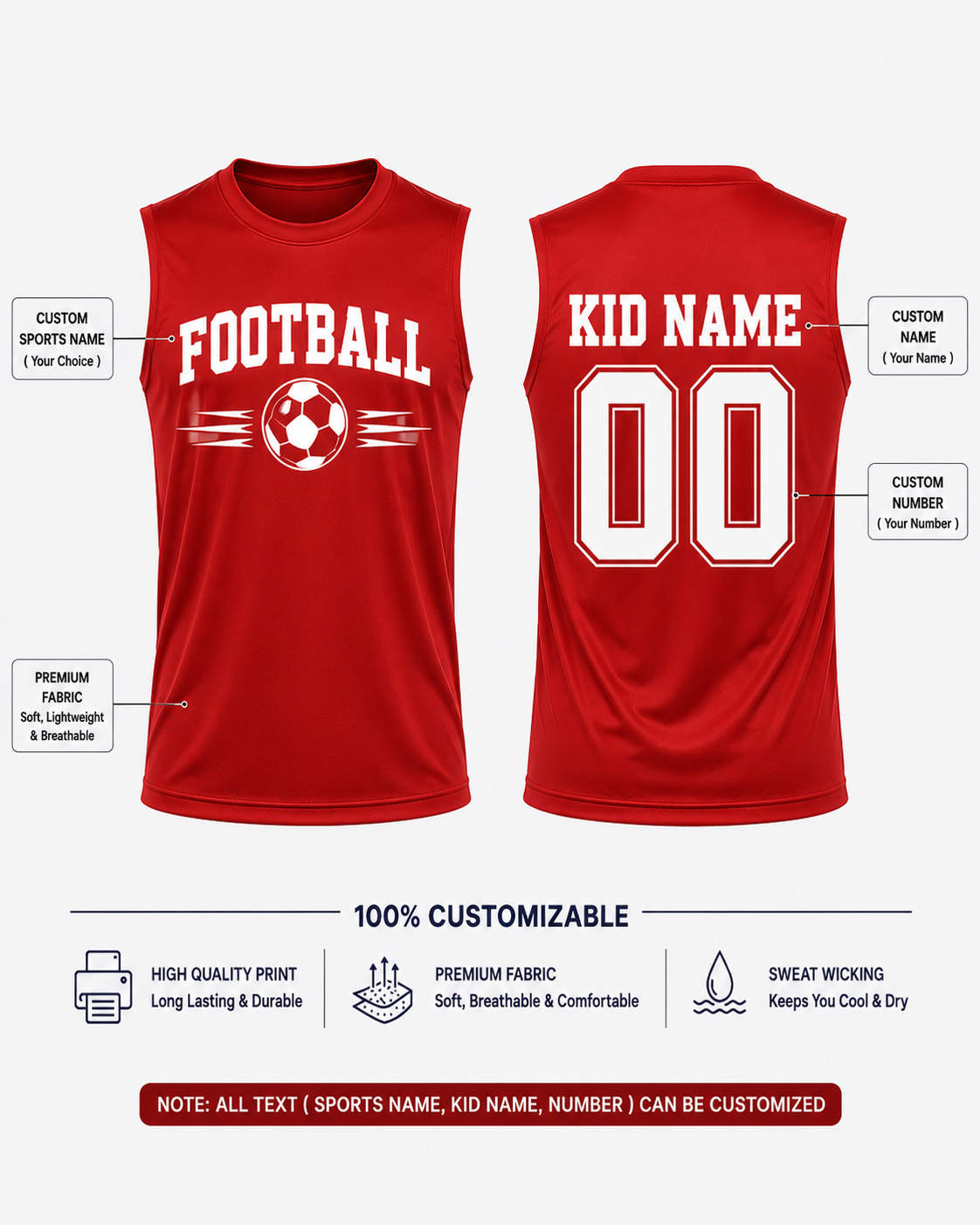 Custom Red Football Sports Sleeveless Jersey for Kids