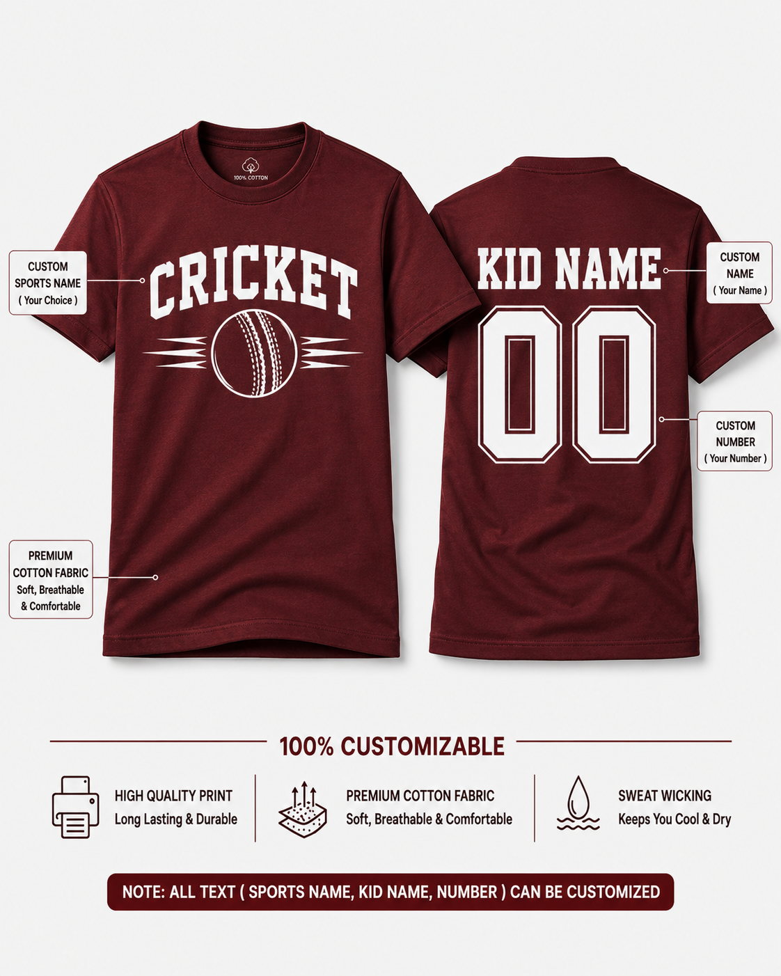 Customizable Kids Cricket T-Shirt | Personalised Sports Tee