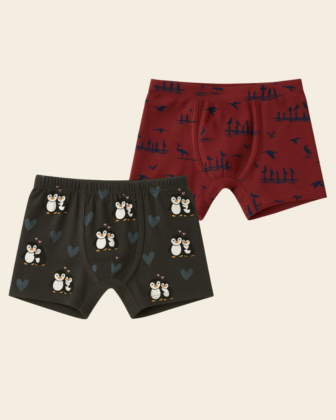Unisex Kids Printed Cotton Trunks Pack of 2 | Penguin & Bird Print — Dowhile Clothing