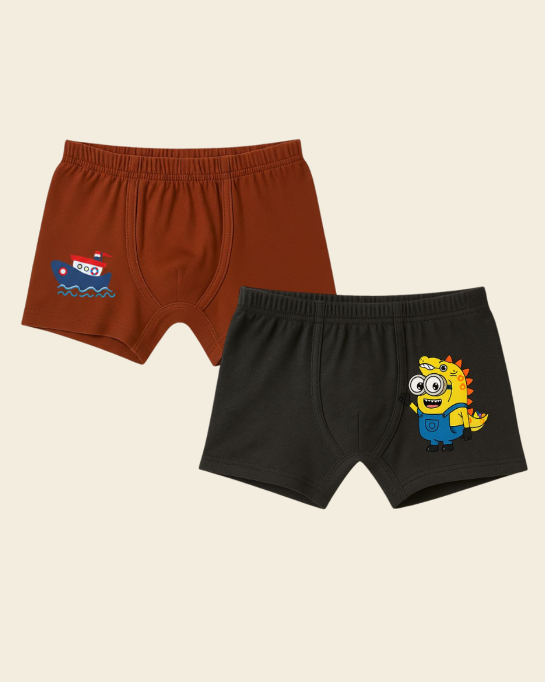 Unisex Kids Printed Cotton Trunks Pack of 2 | Boat & Cartoon Dino Print — Dowhile Clothing