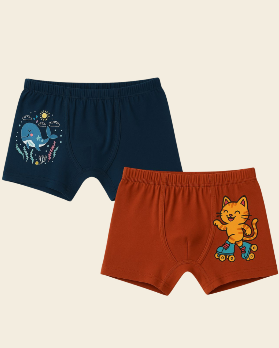 Printed Cotton Trunks Pack of 2 | Whale & Skating Cat Print — Dowhile Clothing