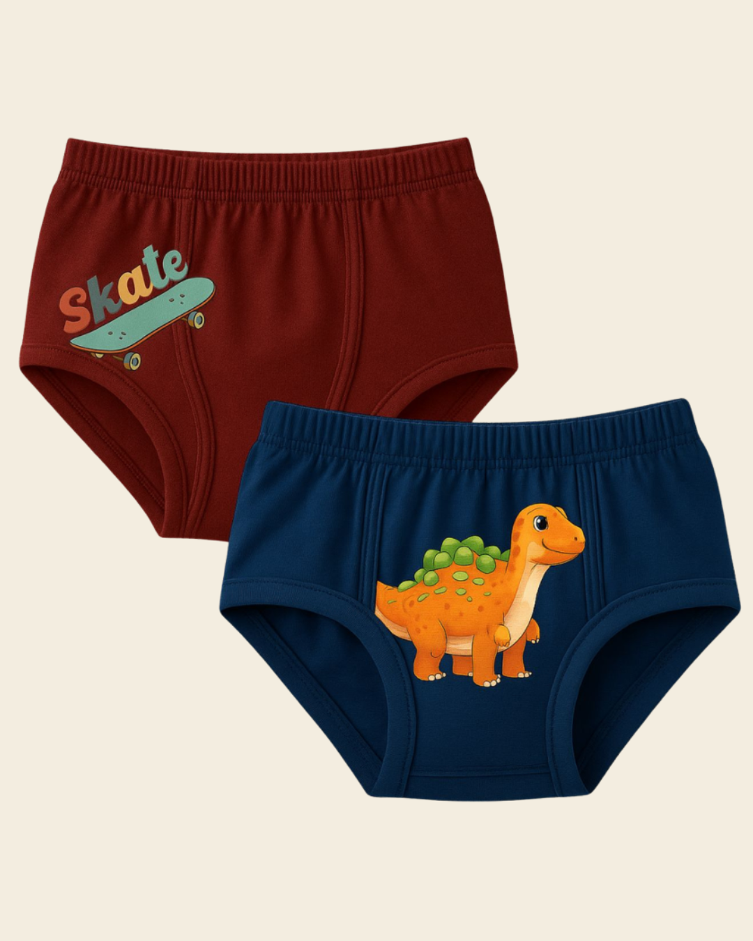 Kids Printed Cotton Briefs Pack of 2 | Dinosaur & Skate Print — Dowhile Clothing