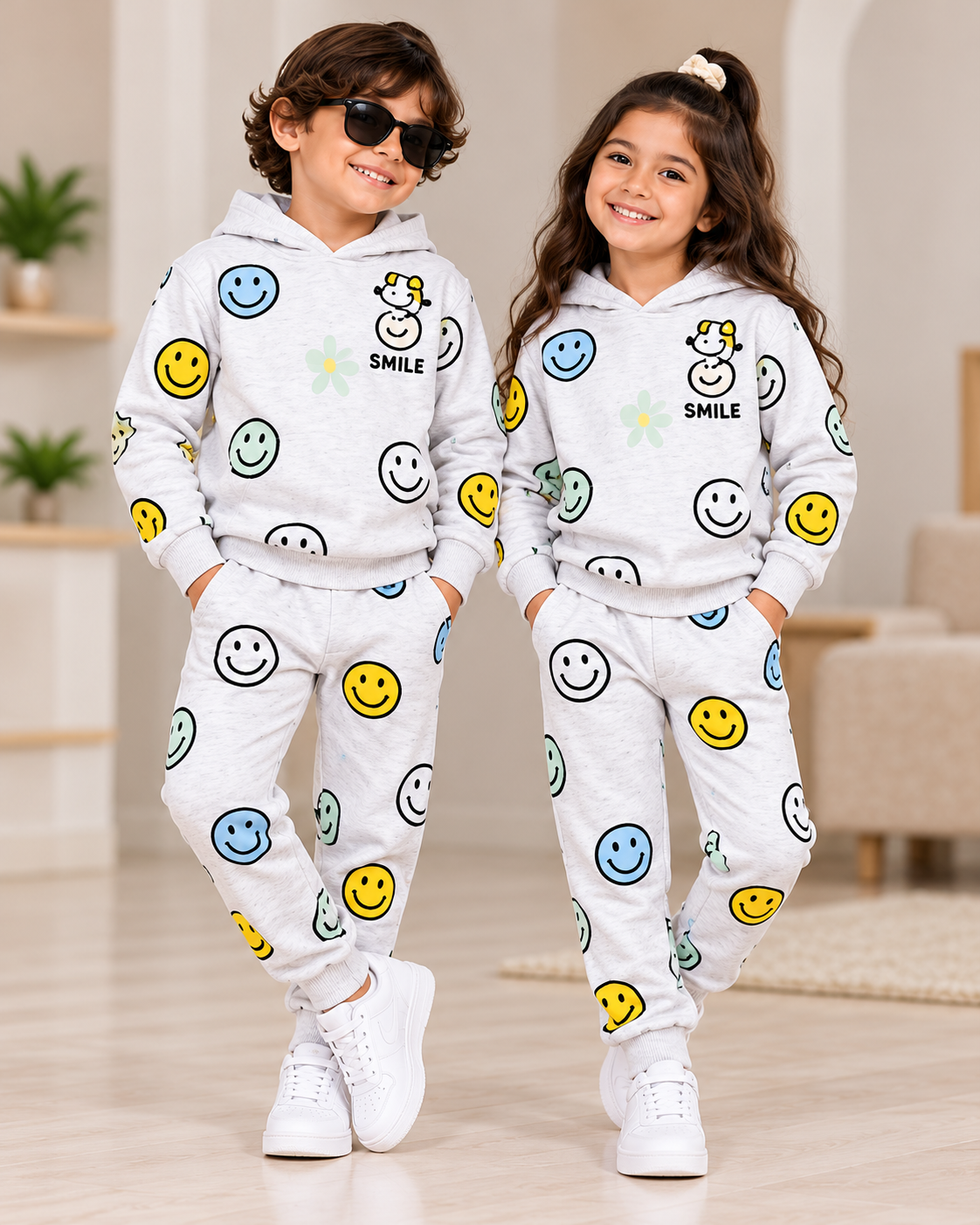 Kids Smiley Face Print Tracksuit Set