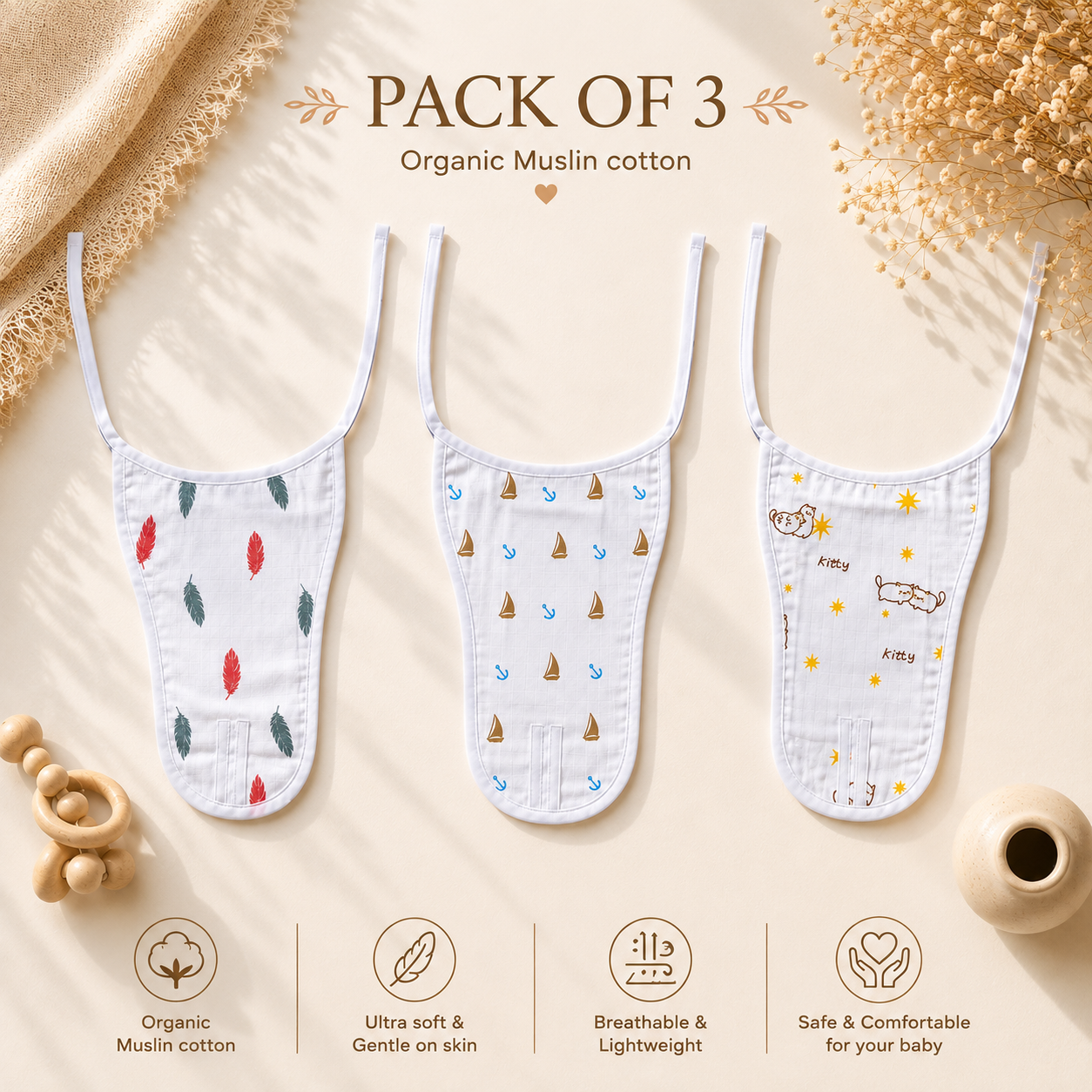 FR Nappy Pack of 3 - Organic Muslin Cotton Baby Nappies