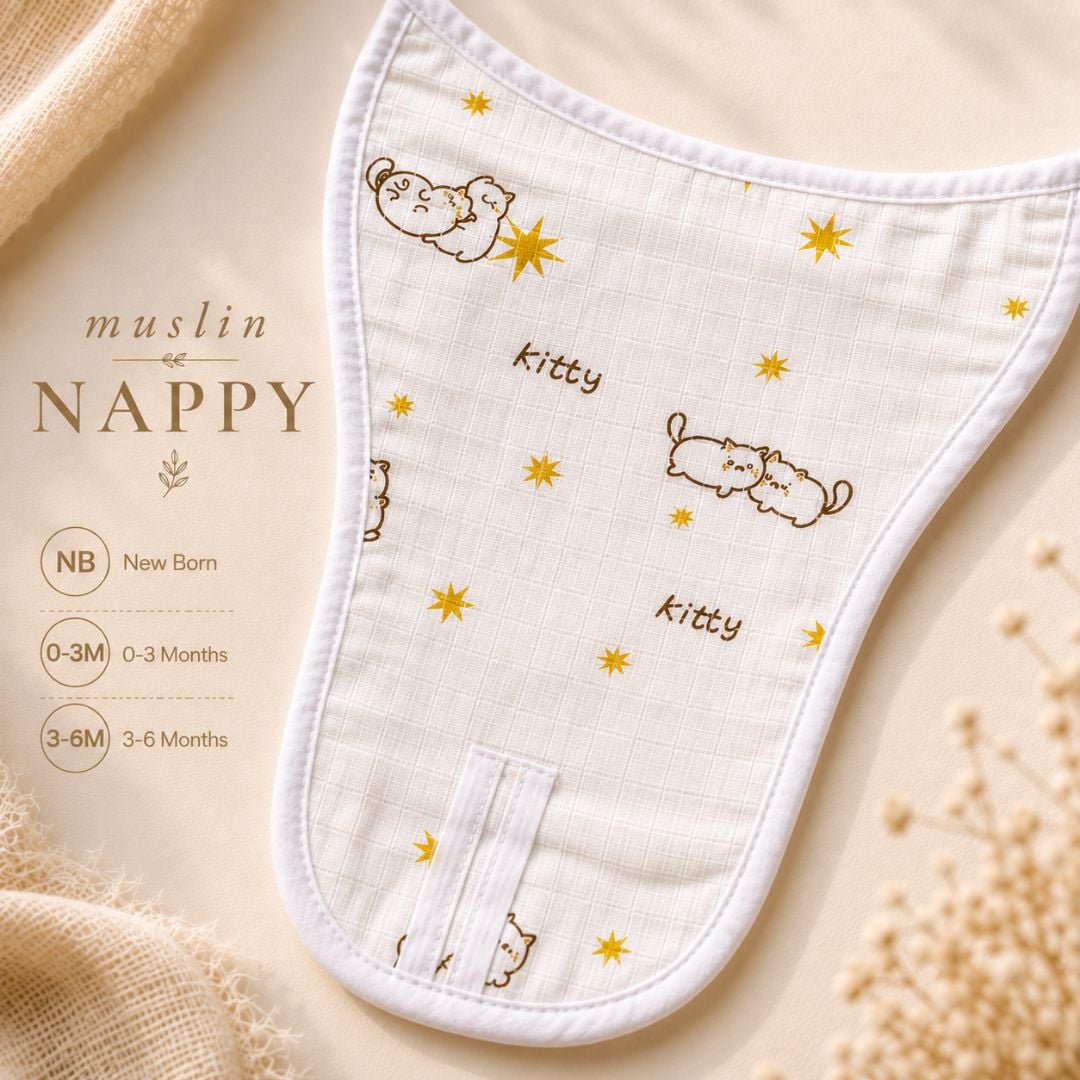 Muslin Kitty and Stars Baby Nappy | Soft Newborn Essentials