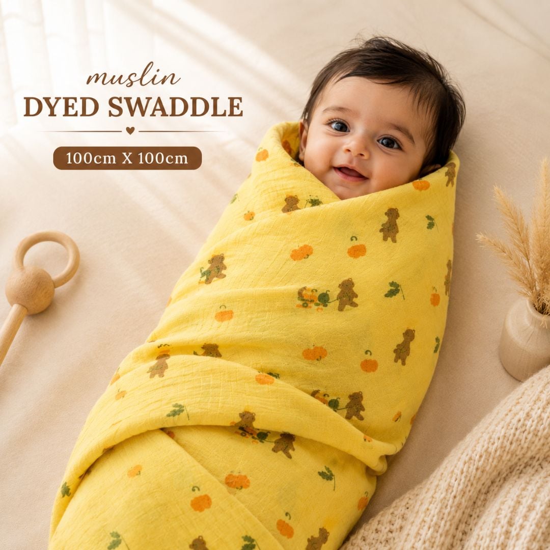 SRK Dyed Muslin Swaddle Blanket - Yellow Bear Print
