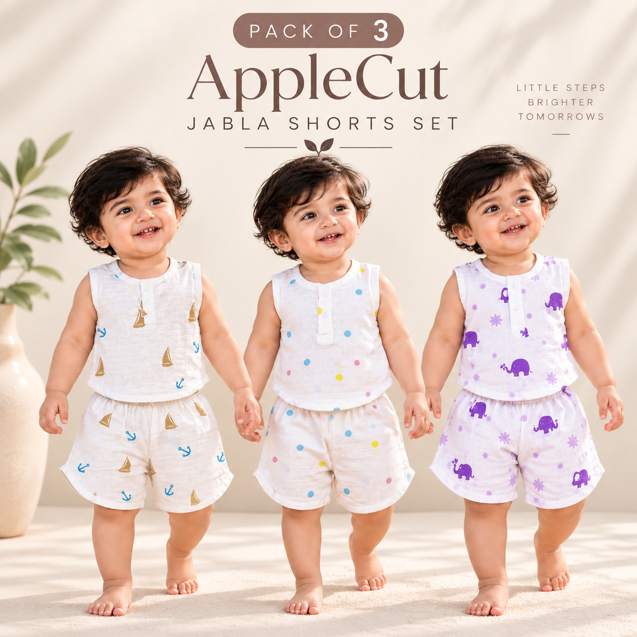 Apple Cut Muslin Jabla Shorts Set Pack of 3 | Baby Co-Ord Sets