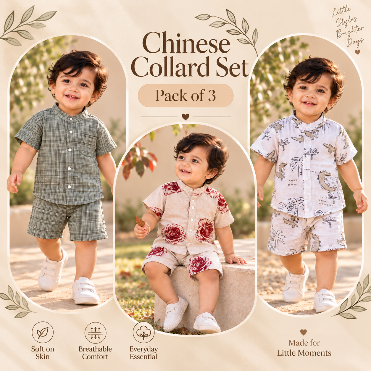 Boys Chinese Collard Co-ord Set Pack Of 3 | Muslin Outfits