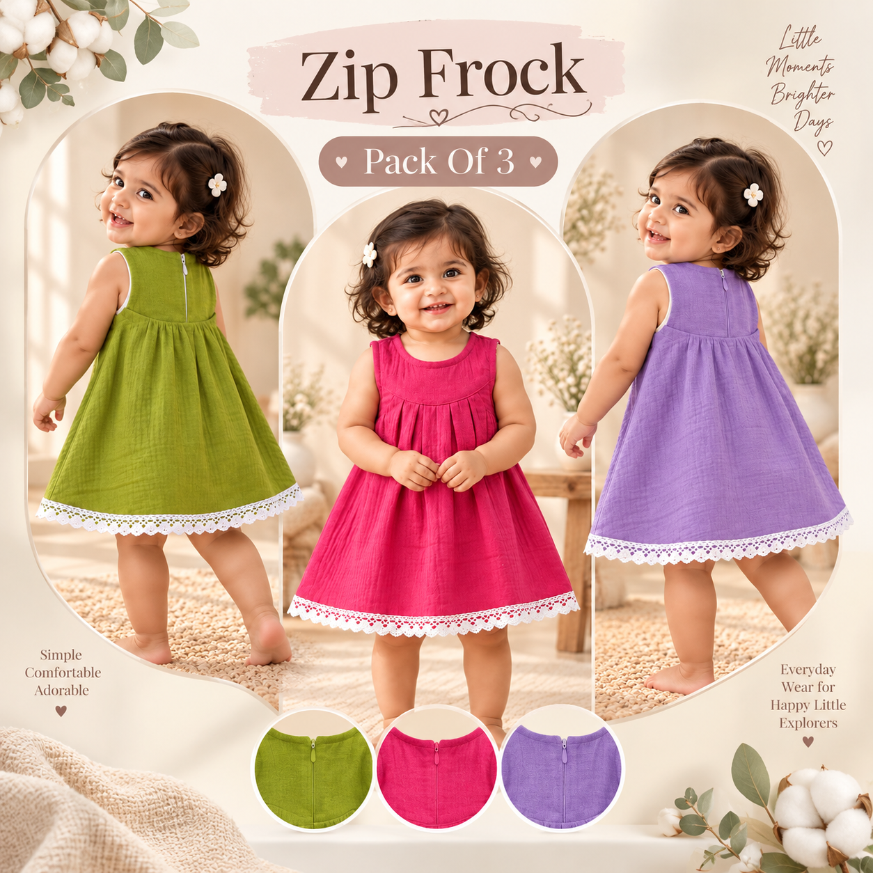 Pack of 3 Muslin Zip Frocks with Lace Trim for Toddlers