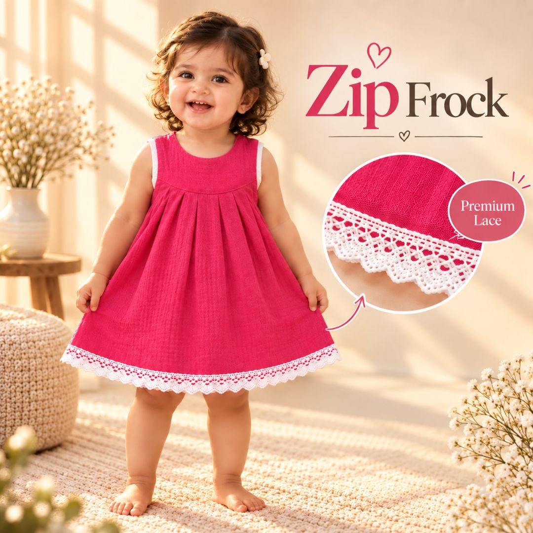 Pink Muslin Zip Frock with Premium Lace | Baby Girl Dresses
