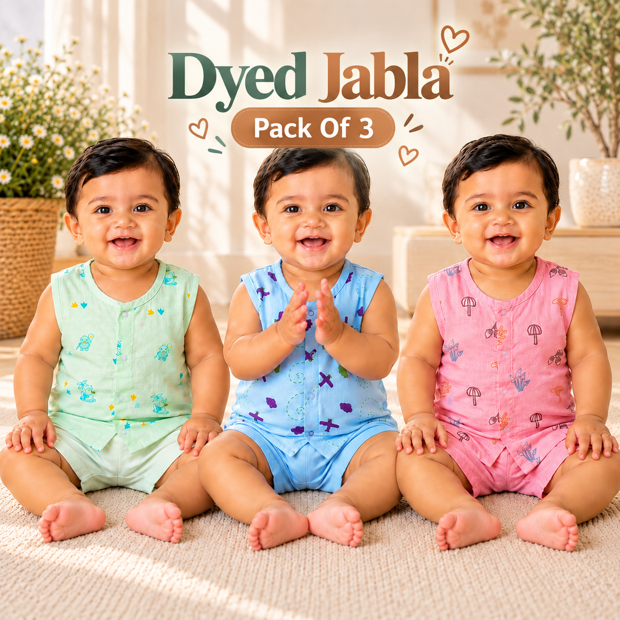 Muslin Dyed Button Jabla Pack Of 3 | Soft Baby Clothing