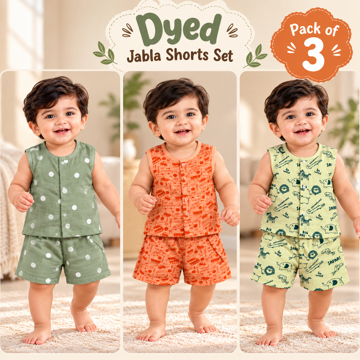 Dyed Muslin Jabla Shorts Set Pack of 3 for Babies