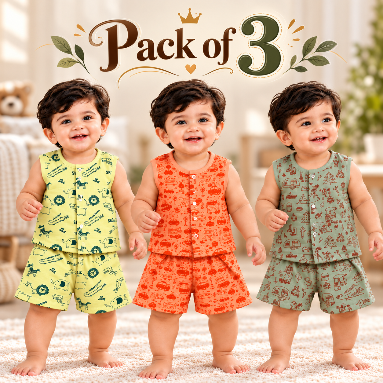 Dyed Muslin Jabla Shorts Set Pack of 3 for Babies