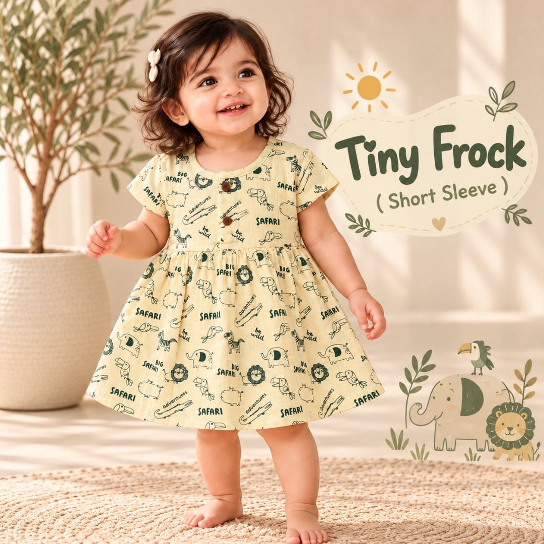 Muslin Tiny Frock Short Sleeve | Cute Safari Print Baby Dress