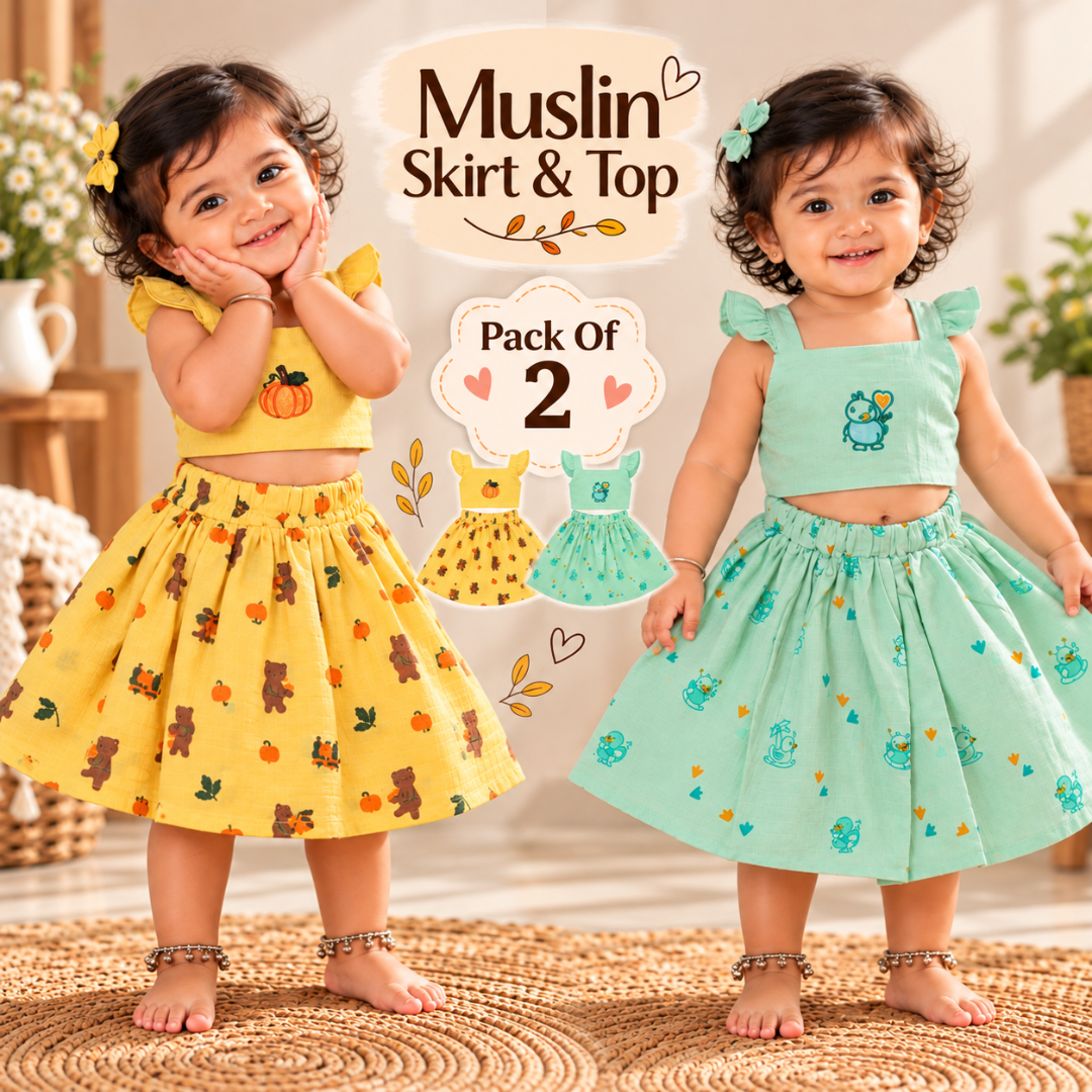 Girls Muslin Skirt & Top Co-ord Set Pack of 2 | Cute Outfits