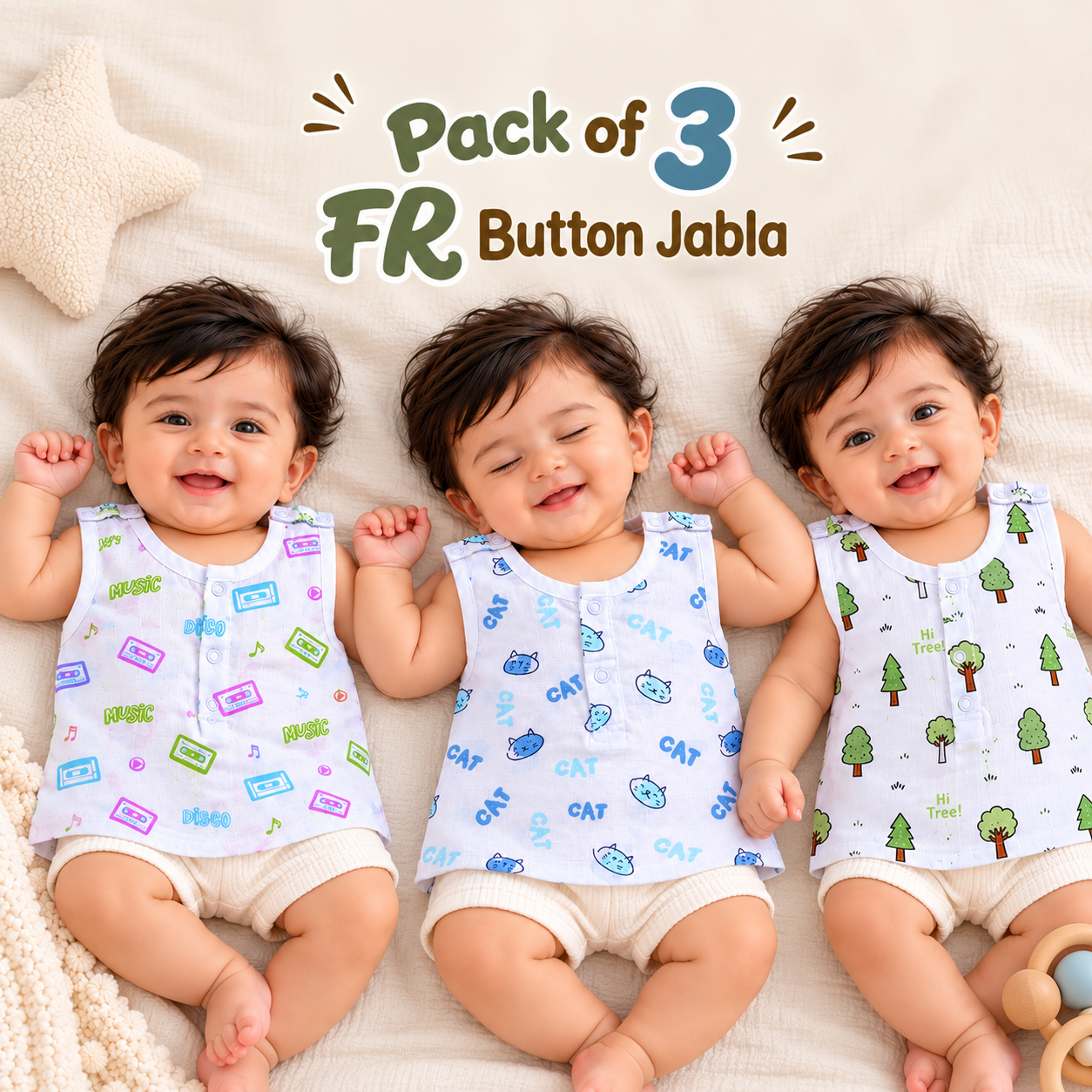 Muslin FR Button Jabla Pack of 3 | Baby Daily Wear