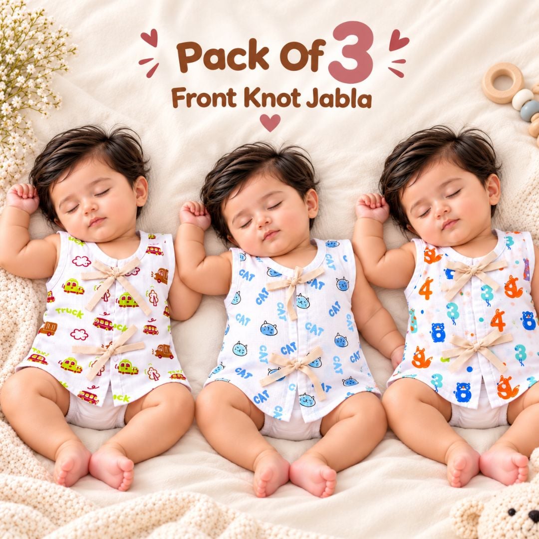 Muslin Front Knot Jabla Pack Of 3 | Soft Baby Wear